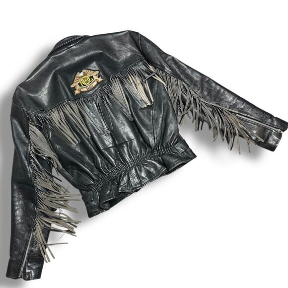 Vintage Leather Fringe Motorcycle Jacket Cropped Harley Biker Lady Rider Sz M - Picture 2 of 11